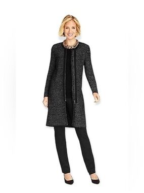 TALBOTS M Cardigan Long Black Marled Zip Front Sweater Knit Duster Jacket